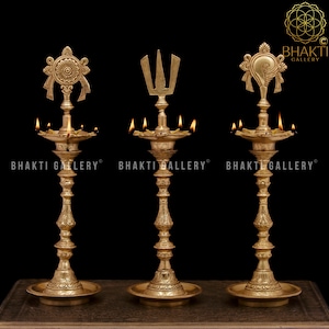 Shankh Chakra Trishul Brass Diya Stand, 44 cm Brass Sangu Chakra Namah Oil Lamp, Kuthu Vilakku, Brass Sankh chakra Namah Diya Stand long
