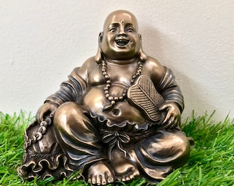 Laughing Buddha Statue for Wealth and Peace, 9 cm Small Bonded Bronze Chinese Buddha Idol, Pudai Monk Idol, Budai buddha for Good Luck Gift