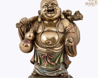 Laughing Buddha Statue, 20 cm bonded Bronze Chinese Buddha Idol, Pudai Monk Idol, Budha for Wealth & Peace, Pudai buddh for Good Luck Gift