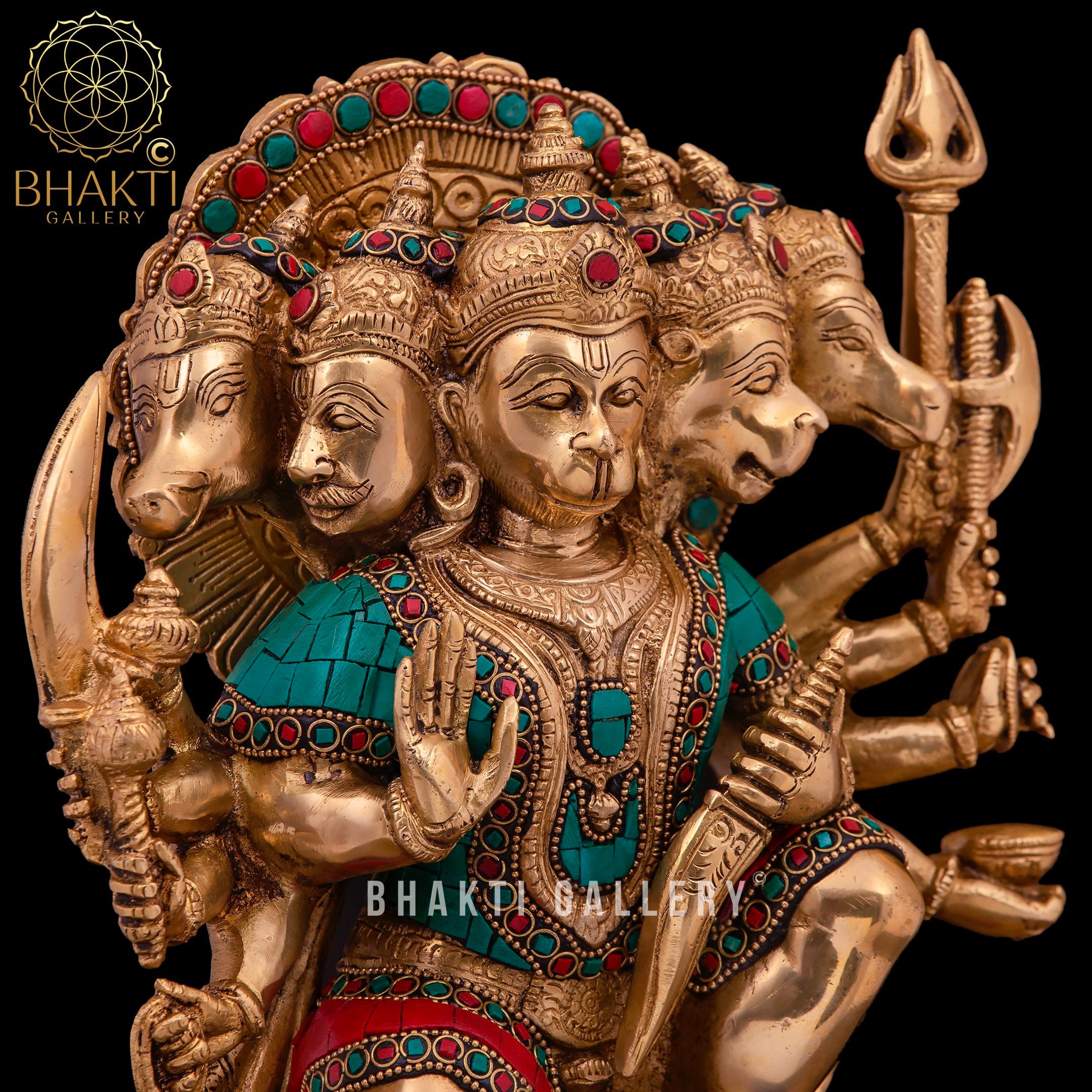 Brass Panchmukhi Hanuman Statue with Stonework, 33 cm Big