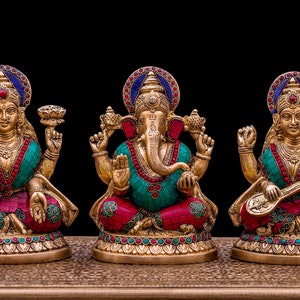 Brass Lakshmi Ganesh Saraswati Statue with Stonework for Deepawali Puja, 21 cm Big Brass Laxmi Ganesha Saraswati Idol, Hindu gods statues.