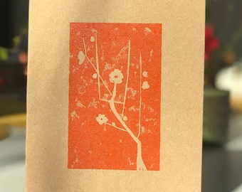 Original Handprinted Linocut Vermilion Red Greeting Card Set of 4 (cherry blossom, ikebana, green tea and bamboo, lotus and carp)