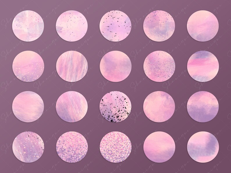 Puede incluir: Una colecci&oacute;n de 15 gr&aacute;ficos digitales redondos con texturas de acuarela en tonos rosa, lavanda y morado. Algunos c&iacute;rculos tienen efectos moteados o brillantes, mientras que otros presentan patrones de pinceladas. El fondo es morado.