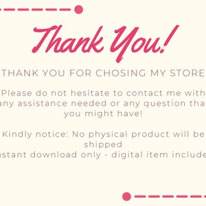 Puede incluir: Gr&aacute;fico digital con las palabras "Thank You!" en fuente cursiva. El texto "THANK YOU FOR CHOOSING MY STORE" est&aacute; debajo, junto con texto adicional. Tambi&eacute;n hay un borde rosa punteado y una firma.