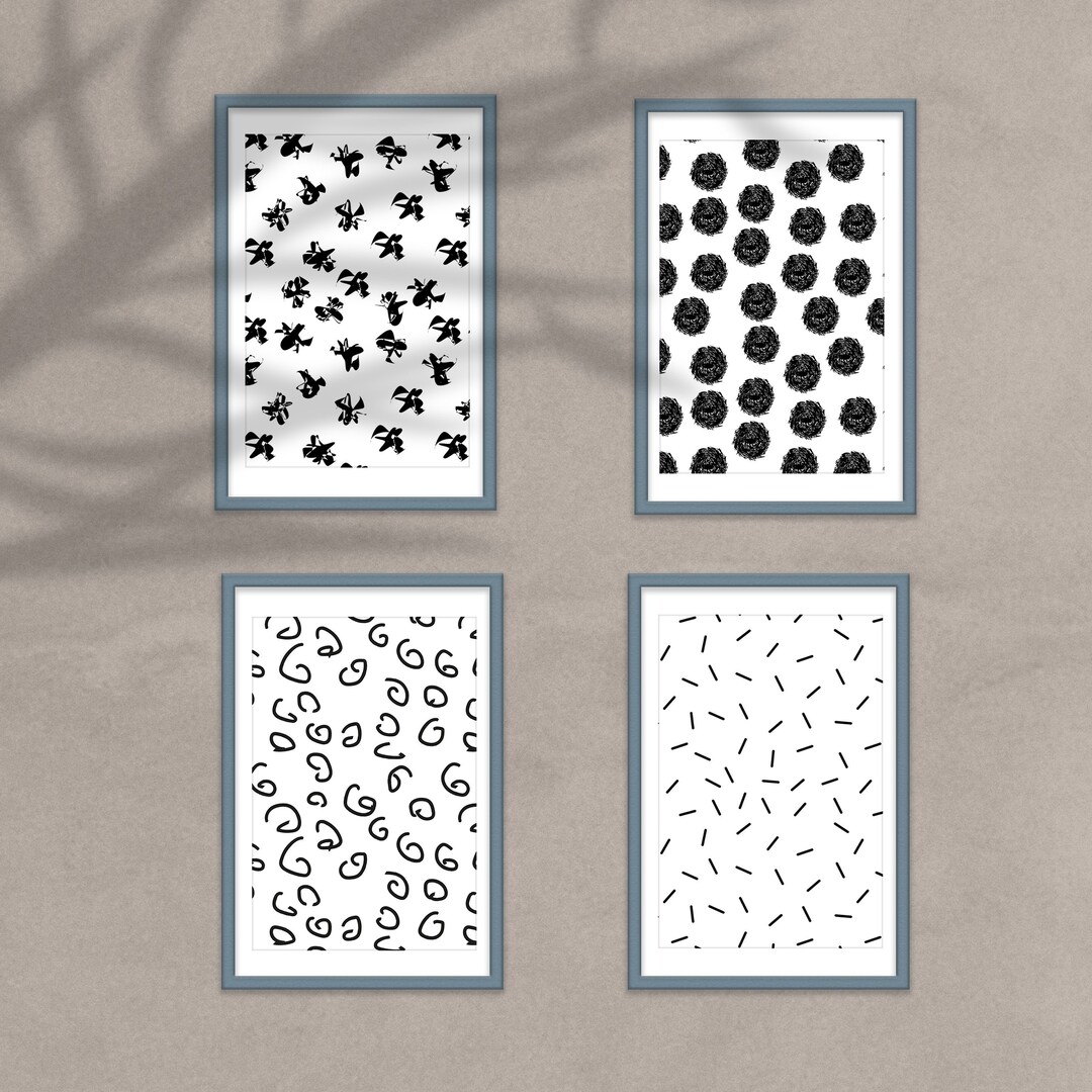 INSTANT DOWNLOAD Abstract Prints, Set of 4 Black and White Wall Art ...