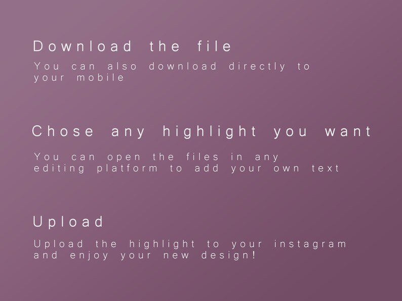 Puede incluir: Dise&ntilde;o gr&aacute;fico digital sobre fondo morado con texto blanco. El texto dice "Descargar el archivo", "Elige cualquier resaltado que quieras" y "Subir". Se proporcionan instrucciones para descargar, editar y subir el dise&ntilde;o.