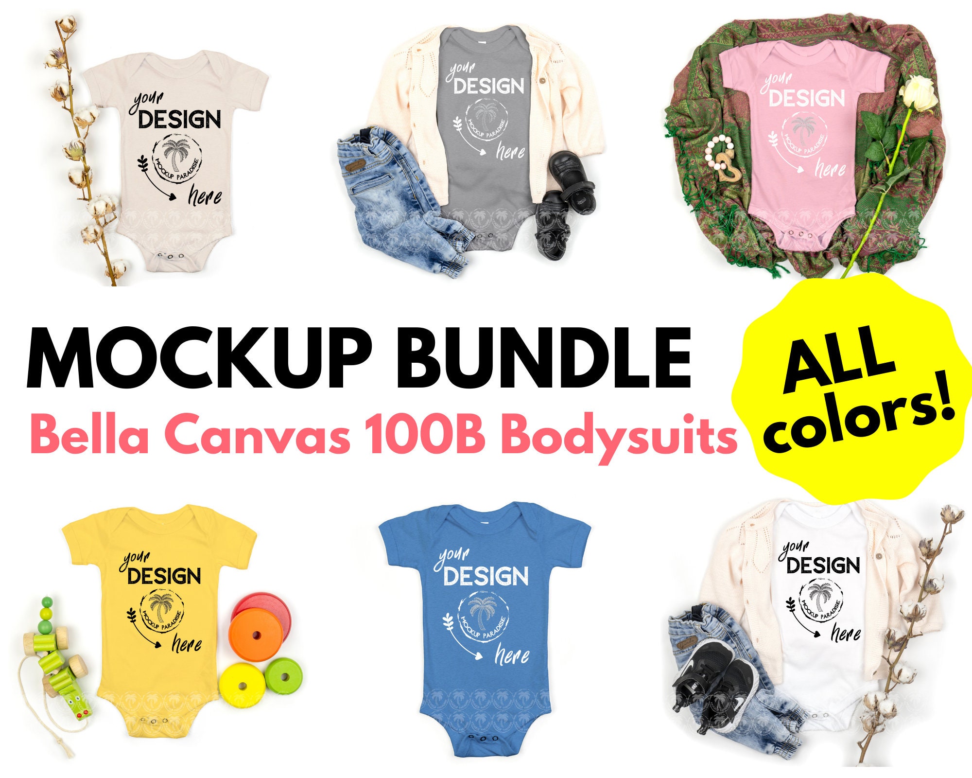 Download Bella Canvas 100B Baby Bodysuit Mockup Bundle Baby Onesie ...