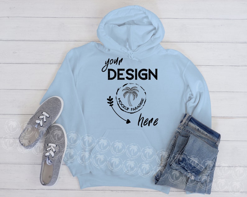 Download Gildan 18500 Mockup Bundle On White Wood Background Hoodie ...