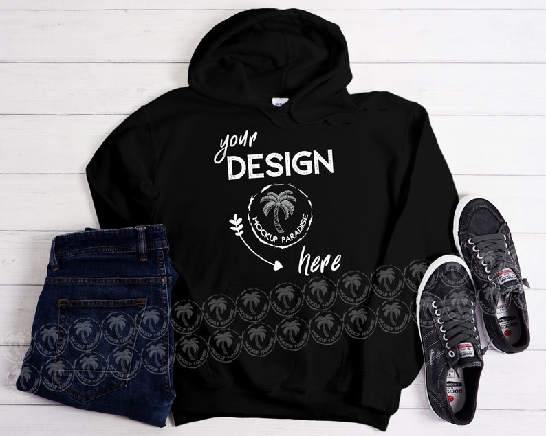 Download Gildan 18500 Mockup Bundle On White Wood Background Hoodie ...