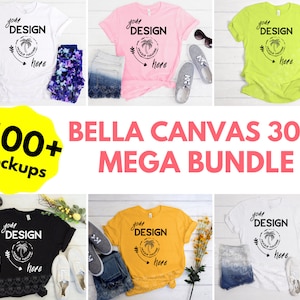 Bella Canvas 3001 Mockup Bundle, T-shirt Mock Up Bundle, Bella Canvas Mockup Bundle sur fond de bois blanc