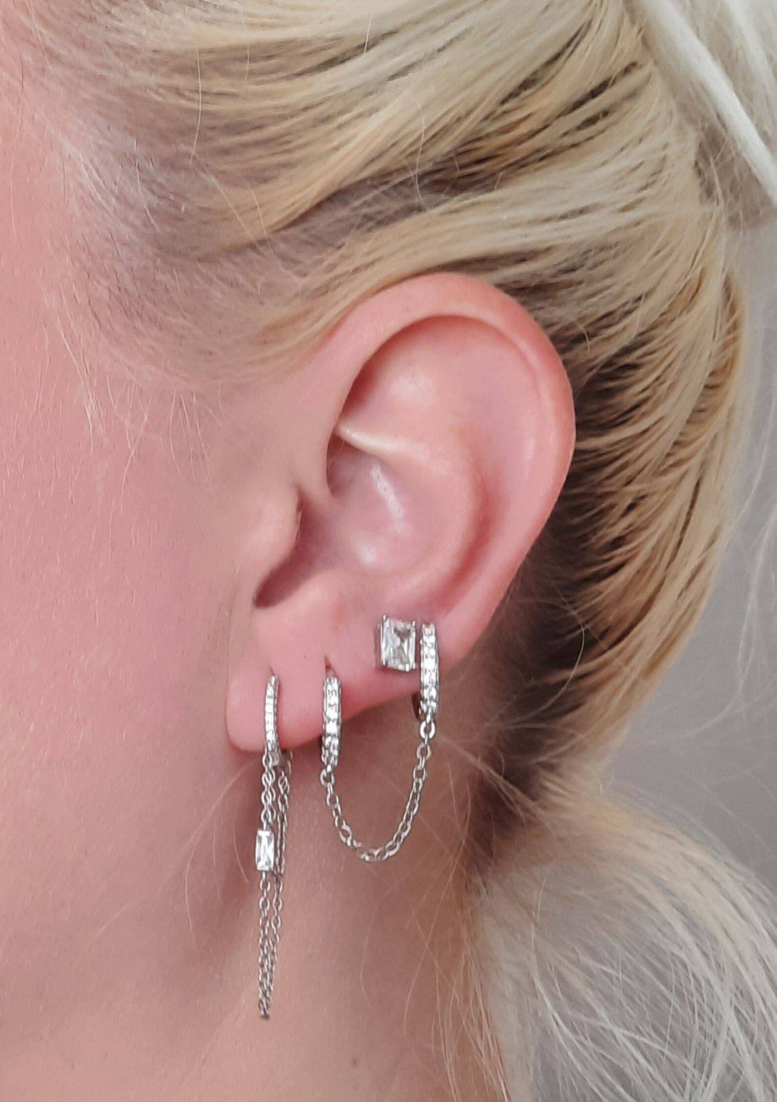 Silver chain double huggie earring. chain earring. Cubic Etsy