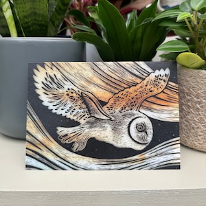 Schleiereule Gruß-Karte, handgemachte Kunst-Karte, Naturwildleder inspiriert, Glasmalerei