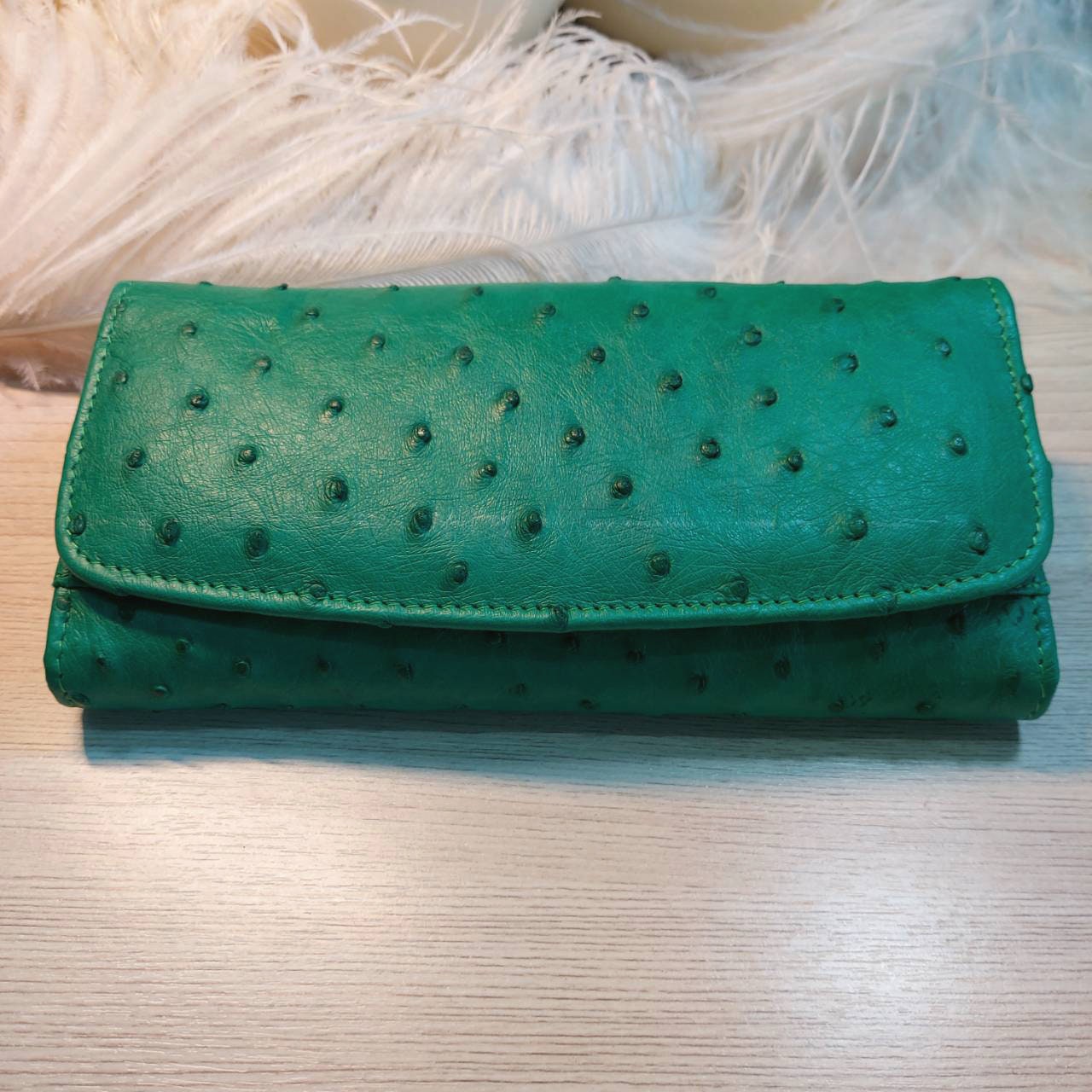 Porte-Monnaie Pochette En Cuir Véritable D'Autruche Vert - Vintage Français