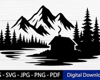Mountain Cabin SVG – Lake Landscape Silhouette with Pine Trees Clipart