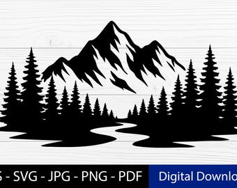 Paesaggio montano SVG – Silhouette di scena fluviale, Clipart di foresta di pini