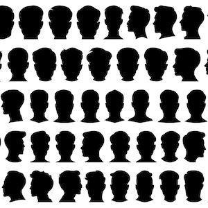 May include: A collection of 50 black and white silhouette images of male heads, each with a different hairstyle. The silhouettes are arranged in five rows of ten.