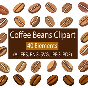 Könnte beinhalten: Ein Satz von 40 braunen und beigefarbenen Kaffebohnen-Illustrationen. Die Bohnen befinden sich in verschiedenen Positionen und haben ein realistisches Aussehen. Der Text "Coffee Beans Clipart 40 Elements (Ai, EPS, PNG, SVG, JPEG, PDF)" wird unter den Bohnen angezeigt.