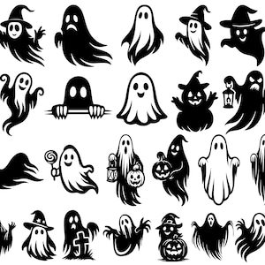 Könnte beinhalten: Eine Sammlung von schwarz-weißen Halloween-Geister-Illustrationen. Die Geister variieren in Form und Design, einige tragen Hexenhüte, halten Laternen oder tragen Kürbisse. Das Gesamtthema ist gruselig und festlich.