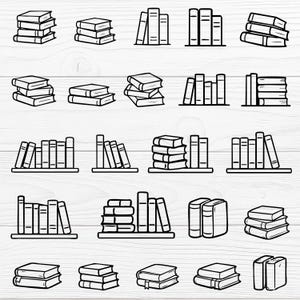 May include: A collection of black and white line art illustrations of books. The images depict stacks of books and books arranged on shelves. The books vary in size and orientation, with some open and others closed. The background is a light wood grain pattern.