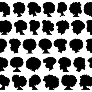 May include: A collection of 60 black and white silhouette images of women with different hairstyles. The images are arranged in rows and columns, and each image is a profile view of a woman's head and shoulders.