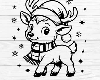 Christmas Cartoon Reindeer with Snowflakes Svg, Png, Eps, Jpg, Pdf