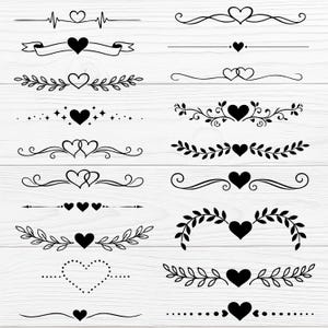 May include: A selection of black heart and floral design elements. The designs include hearts, ribbons, leaves, and dotted lines. Ideal for creating invitations, cards, or other craft projects.
