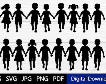 Silueta de grupo de niños corriendo en fila (SVG, vista frontal)