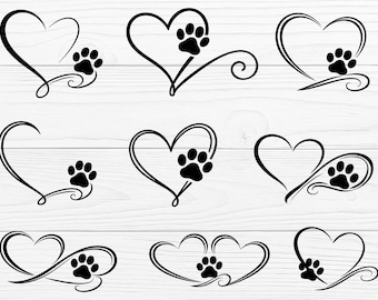 Paquete SVG PNG de corazón de pata de perro en estilo de arte lineal