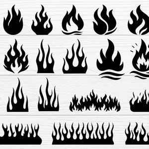 May include: A collection of black flame graphics in various shapes and sizes. The designs include flames with sharp points, rounded edges, and stylized wave-like bases, suitable for digital art or design projects.