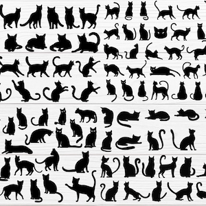 May include: A collection of black cat silhouettes in various poses, set against a white wooden background. The cats are depicted in different positions, including standing, sitting, and leaping, creating a playful and dynamic design.