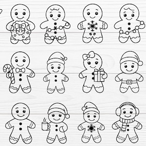 Pode incluir: Ilustrações a preto e branco de bonecos de gengibre com vários acessórios temáticos de Natal. Cada boneco de gengibre tem um design único, incluindo chapéus, laços e elementos decorativos, perfeitos para artesanato e decorações de Natal.