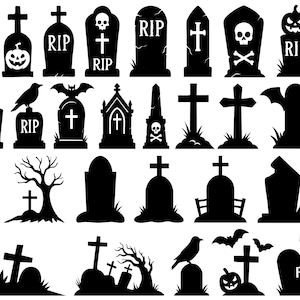 Może przedstawiać: Kolekcja czarnych sylwetek nagrobków, krzyży i obrazów związanych z Halloween. Projekty obejmują czaszki, nietoperze, dynie i litery "RIP". Idealne do rękodzieła i dekoracji na Halloween.