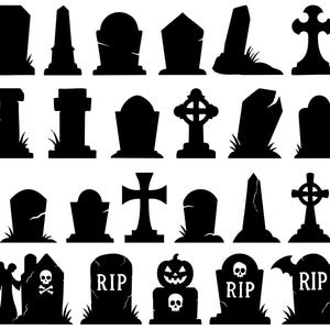 May include: A collection of black silhouette tombstones in various shapes and sizes. Some feature crosses, while others have decorative elements like angels, pumpkins, and skulls. The image is suitable for Halloween or memorial-themed designs.