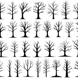May include: A set of 30 black silhouette images of bare trees, each with a unique shape and branch structure. The trees are isolated on a white background.