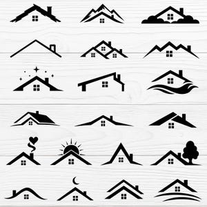 Puede incluir: Una colección de diseños de tejados de casas en blanco y negro. Cada diseño presenta una silueta de tejado con una ventana cuadrada, con variaciones que incluyen picos de montañas, nubes, estrellas y un árbol. Los diseños están sobre un fondo de vetas de madera blanca.