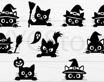 Halloween Black Cat Silhouette SVG Bundle | Peeking Cat Clipart