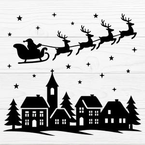 May include: Black silhouette of Santa Claus in a sleigh pulled by reindeer, flying over a town with houses, trees, and a church. Stars are scattered across the white background, creating a festive Christmas scene.