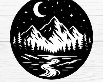 Silueta de paisaje nocturno de montaña con luna y estrellas (SVG)