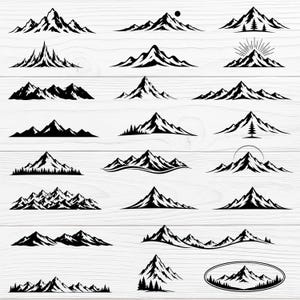 Könnte beinhalten: Eine Sammlung von Schwarz-Weiß-Illustrationen von Bergketten. Die Designs variieren im Stil, einige mit Bäumen, Sonnen und verschiedenen Gipfelformationen. Die Bilder sind auf einem weißen Holzmaserungshintergrund angeordnet.