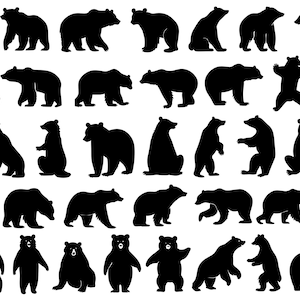 May include: A collection of 40 black bear silhouettes in various poses, including standing, sitting, walking, and rearing up. The bears are all facing different directions and are set against a white background.
