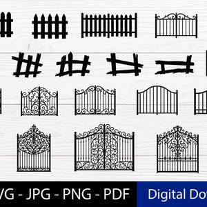 Pode incluir: Uma coleção de imagens de silhuetas pretas de cercas e portões. Os designs incluem cercas de estacas, portões de ferro forjado ornamentados e cercas de madeira rústicas. A parte inferior da imagem inclui o texto "EPS - SVG - JPG - PNG - PDF" e "Digital Download".