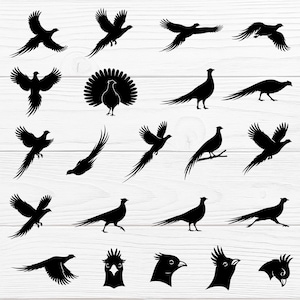 May include: Black silhouette illustrations of pheasants in various poses, including flying, standing, and displaying their feathers. The images are arranged on a white wooden background.