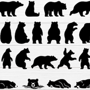 Puede incluir: Una colección de siluetas de osos negros en varias poses, de pie, caminando y sentados. Los osos se representan en diferentes tamaños y orientaciones, creando un diseño dinámico sobre un fondo blanco con vetas de madera.