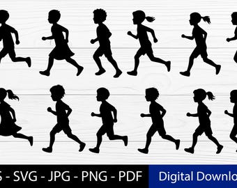 Bambini che corrono silhouette vettoriali / gruppo di corridori SVG / Eps, Jpg, Pdf, Png / 12 disegni