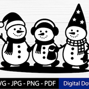 May include: A black and white illustration of three snowmen. Each snowman has a carrot nose, coal eyes, and a mouth made of coal. The snowmen are wearing a hat, earmuffs, and a scarf. The image includes the text "EPS - SVG - JPG - PNG - PDF" and "Digital Download".
