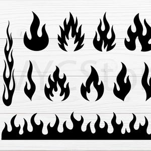 Könnte beinhalten: Eine Sammlung schwarzer Flammen-Grafiken in verschiedenen Formen und Größen. Enthält hohe, schlanke Flammen, kompakte Flammen und einen horizontalen Flammenrand. Der Text EPS, SVG, JPG und PNG ist ebenfalls vorhanden.
