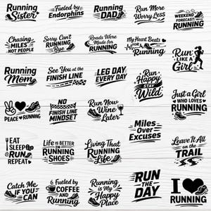 Könnte beinhalten: Eine Sammlung von schwarz-weißen Designs zum Thema Laufen mit verschiedenen Zitaten und Illustrationen. Die Designs umfassen Sätze wie "Running Dad", "Run More Worry Less" und "I Love Running", zusammen mit Laufschuhen und Herzen.