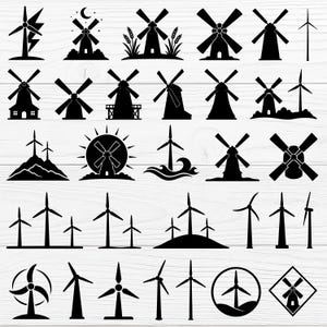 May include: A collection of black silhouette images of windmills and wind turbines. The designs vary, including traditional windmills with blades and modern wind turbines, some with landscape elements like hills, waves, and the sun.
