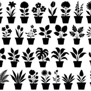 May include: A collection of black silhouette illustrations of potted plants, including various flowers, leafy plants, and cacti. Each plant is in a simple, square pot, creating a clean and organized visual display. The image is suitable for home decor or gardening themes.