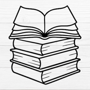May include: A black and white line drawing of a stack of books. The stack includes three closed books and one open book on top, with the pages spread wide. The image is set against a white wood grain background.